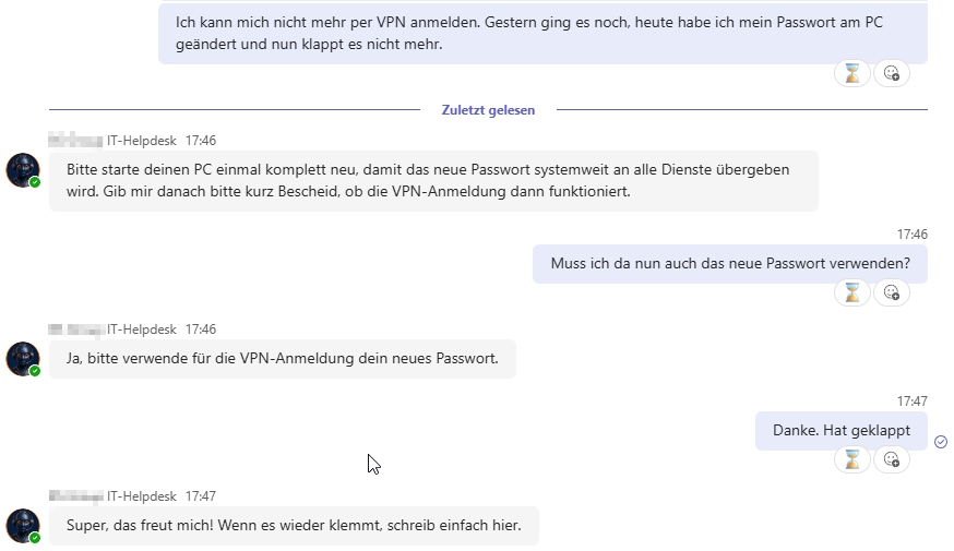 Teams-Helpdesk-Agent löst ein VPN-Problem im Chat