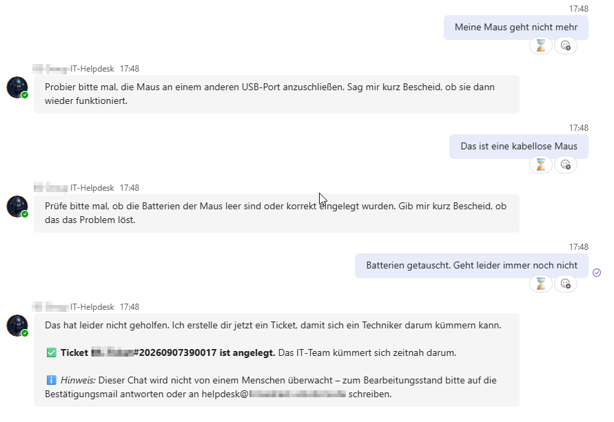 Teams-Chat mit automatisch erstelltem IT-Ticket