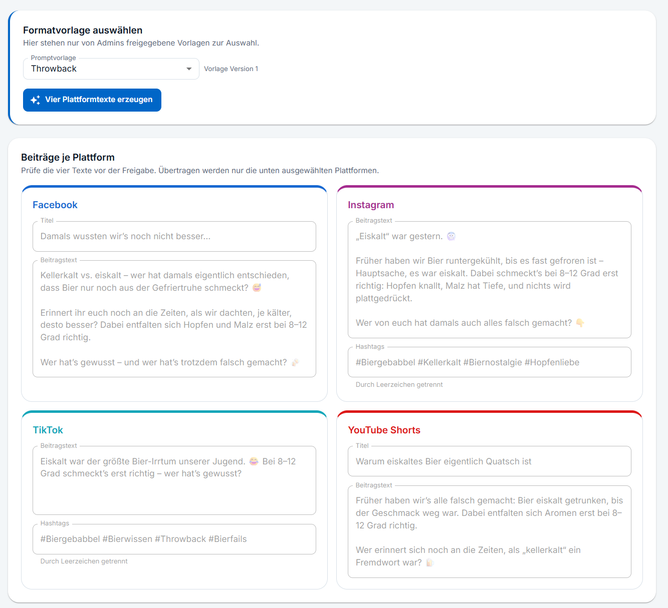 Plattformspezifische Beitragsentwürfe für Facebook, Instagram, TikTok und YouTube Shorts