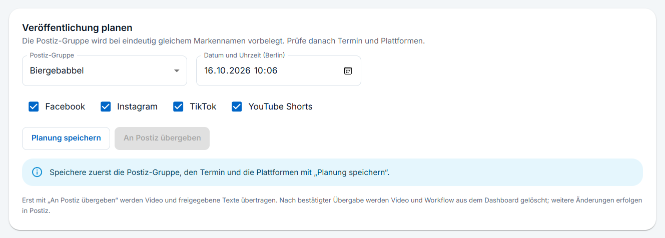 Planungsansicht mit Zielgruppe, Veröffentlichungszeitpunkt und ausgewählten Social-Media-Plattformen