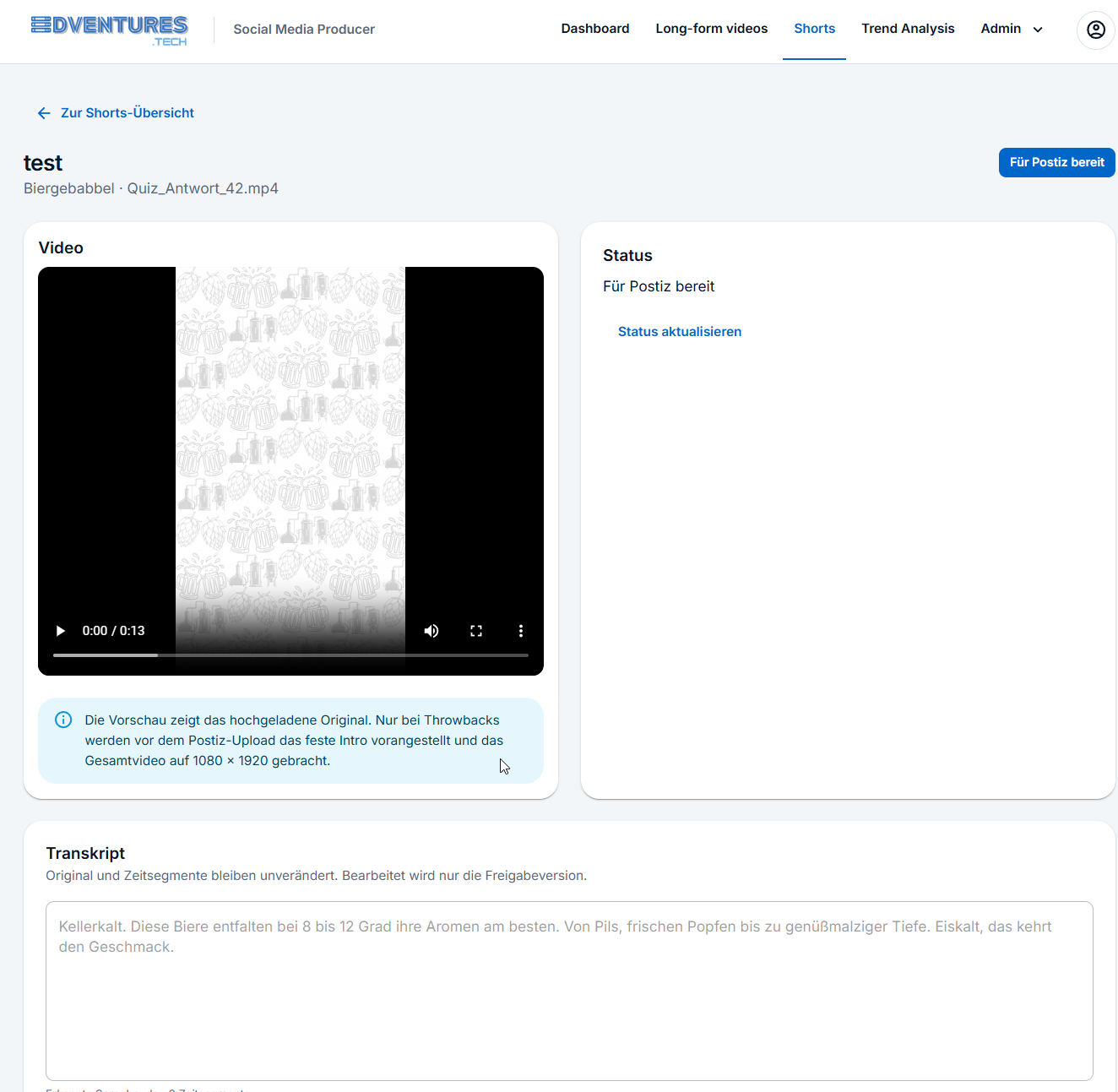 Detailansicht eines Kurzvideos mit Videovorschau, Transkript und Freigabestatus